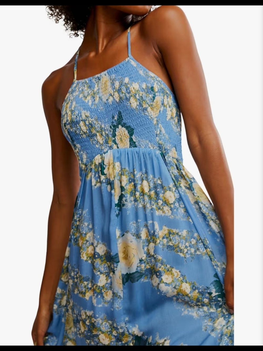 Free People Heat Wave Maxi Dress Allure Blue Combo Floral Smocked Boho Midi Sz.M - Picture 5 of 16